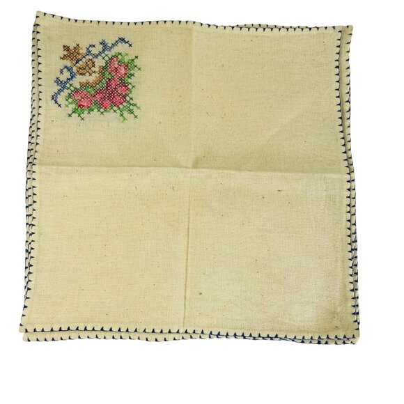 Vintage Linen Dinner Napkins Lot 4 Burlap Needlepoint Embroidered Handmade u - Picture 2 of 5